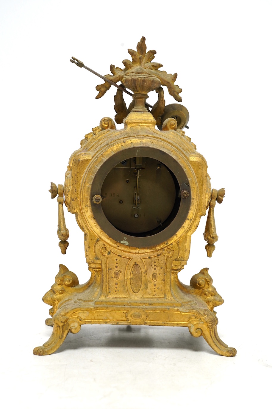 A 19th century gilt spelter mantel clock, with ceramic decorated dial and panel, 30cm high. Condition - not checked if in working condition, case fair